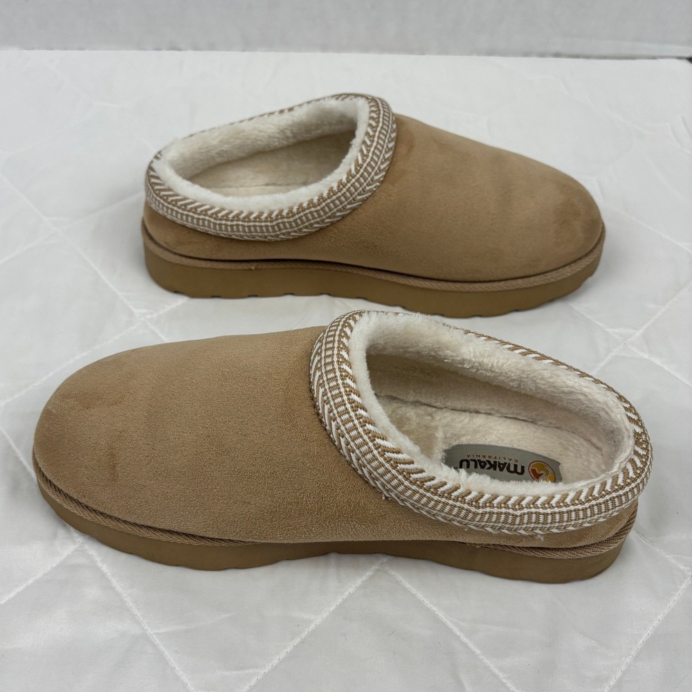 Makalu Faux Fur Lined Clog Slippers Womens 10 Tan Suede Look Platform Mule‎ - Picture 10 of 13